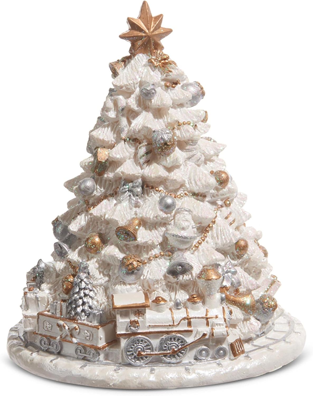 Raz Imports Animated Musical White Christmas Tree with Train, 5.75-inch Height, Holiday Season Decoration