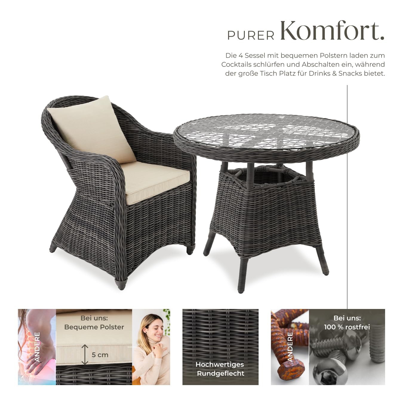 tectake® Sitzgruppe, Rattan Gartenmöbel Set, 1x Tisch und 4X Stuhl, Möbel wetterfest als Lounge im Wintergarten, Balkonmöbel, Gartensessel, Terrassenmöbel - grau