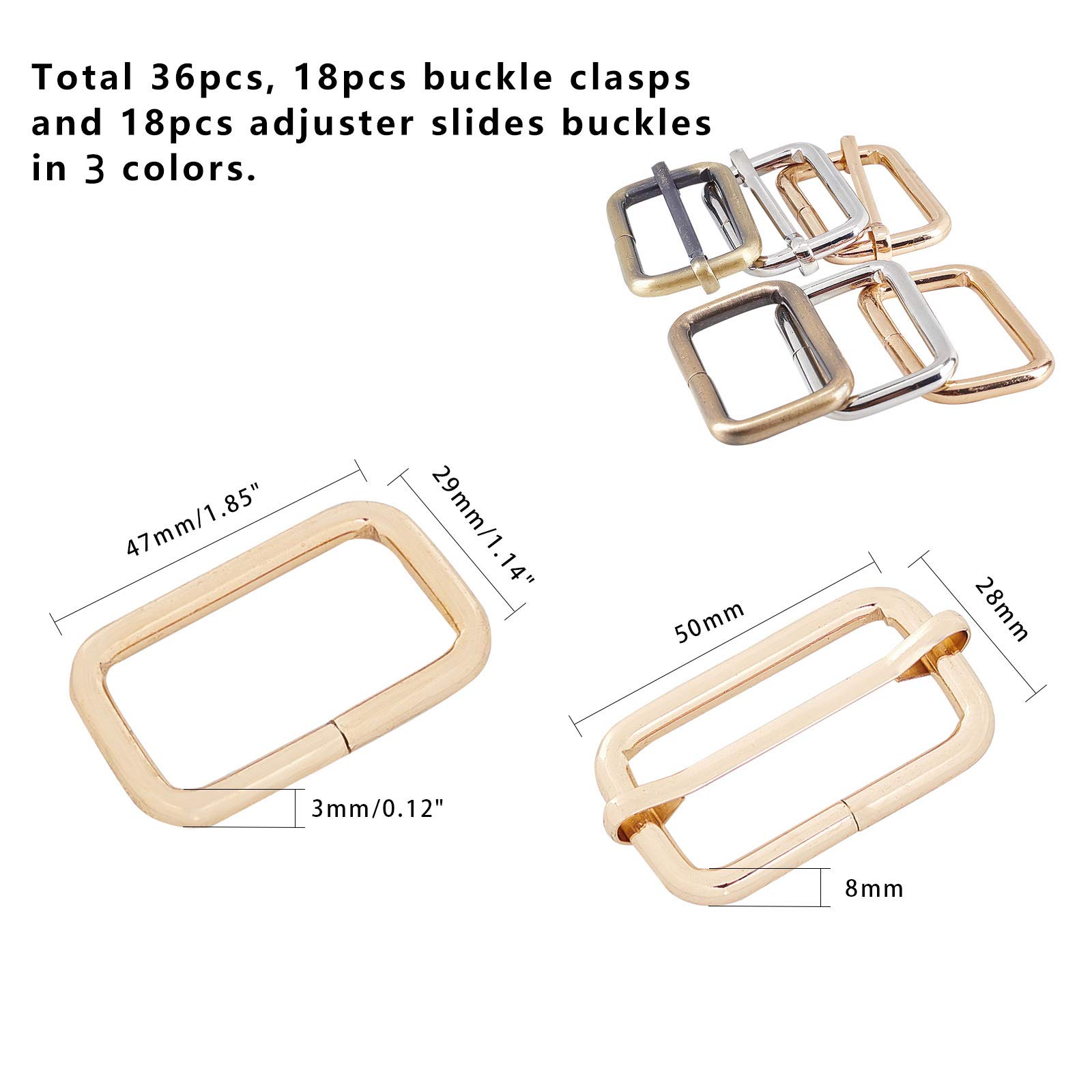 NBEADS 36 hebillas de ajuste deslizantes, 3 colores, hebilla de rodillo deslizante, hebilla de hardware para bolsas de cinturón, accesorios de bricolaje