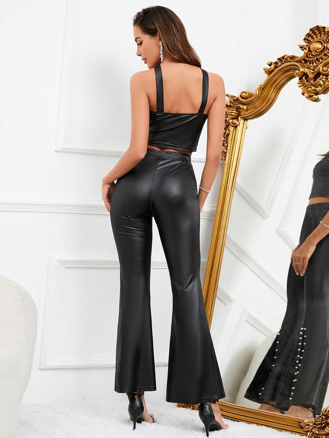 WDIRARA Women's 2 Piece Outfit Pearls Detail Halter Crop Top and Split Hem Flare Leg Pants - Image 2