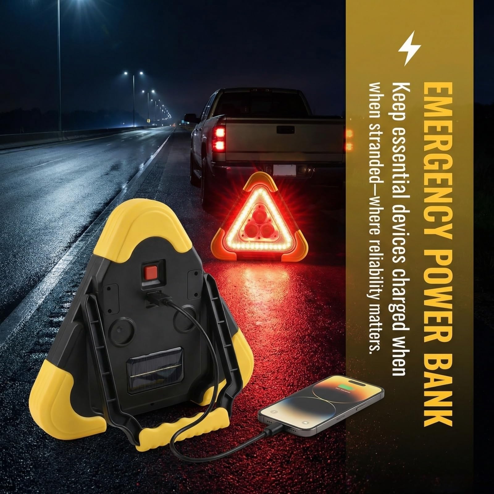 Yagerod 3-In-1 Dreieckige Solar-Notfall-Signalleuchte Für Den Straßenrand, Warndreieck Kfz Mit Led, 3-In-1 Solare Warndreieck-Notleuchte, Reflektierendes Dreieck - Tag/Nacht Sichtbar