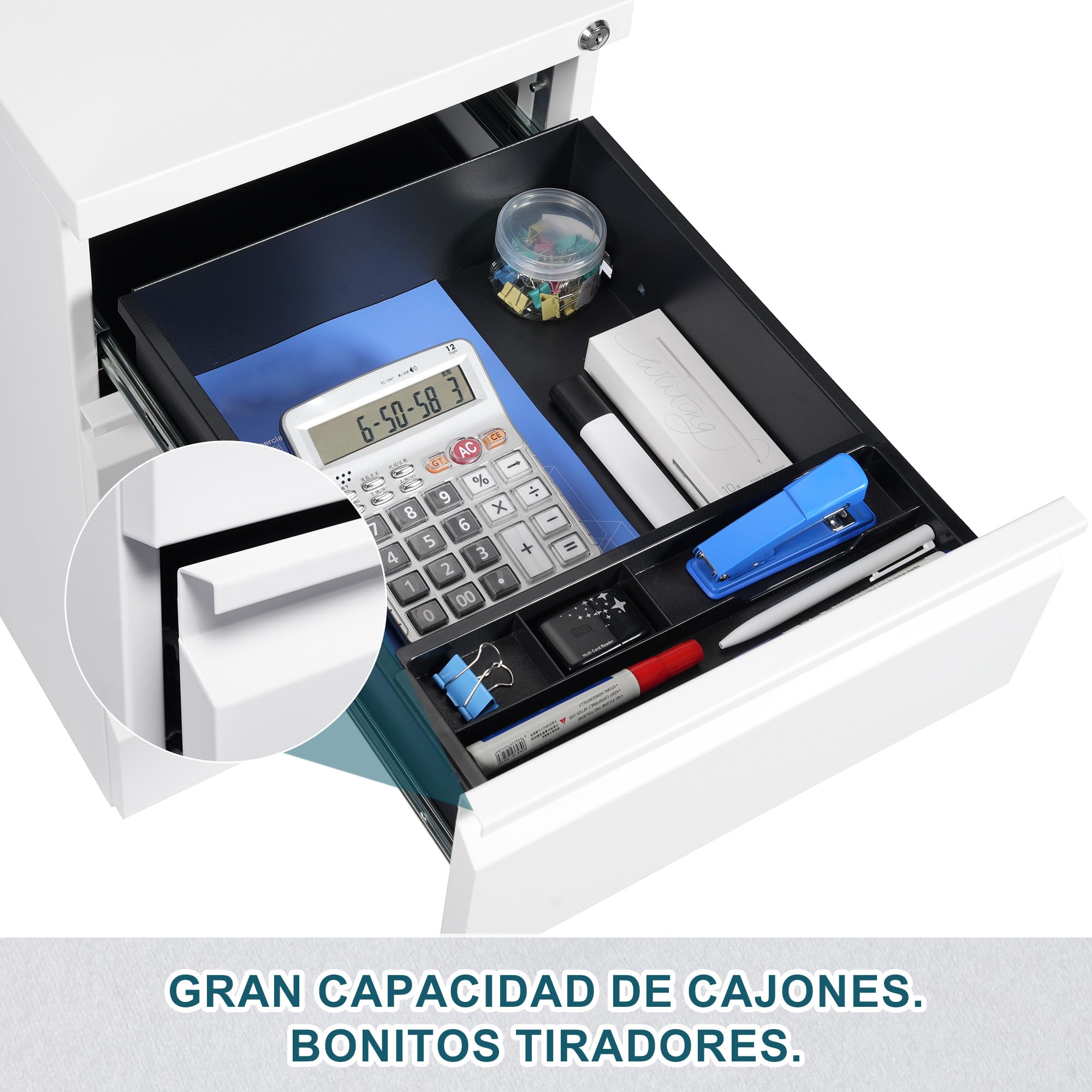 Archivador Móvil con Cerradura, Cajonera, 4 Cajones, Ruedas Silenciosas, Con 4 llaves, Archivador Dbajo del Escritorio Para Oficina, Completamente Ensamblado