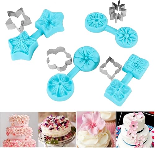 Vista 4 de Pastel de fondant, 4 juegos de flores, pastel de fondant, margarita, rosa, crisantemo, pastel de chocolate, bandeja de silicona para dulces con 4