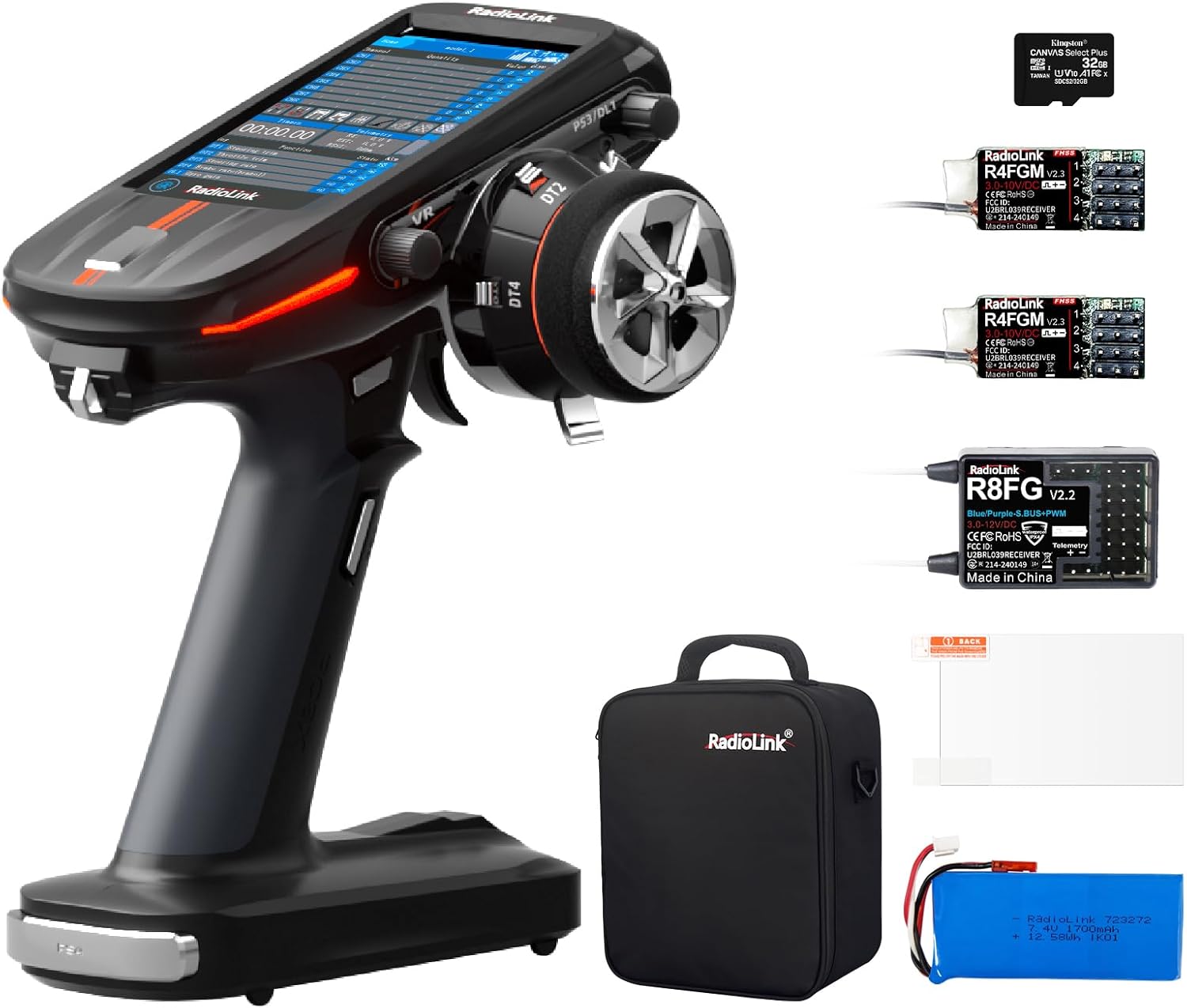 Radiolink RC8X 8 Channels 2.4G RC Transmitter, 1*R8FG V& 2*R4FGM V2.2 Gyro Receivers, 4.3" Touch Screen, Voltage Telemetry Surface Remote Controller, 200 Models for RC Crawler/Drifting/Cars/Boat