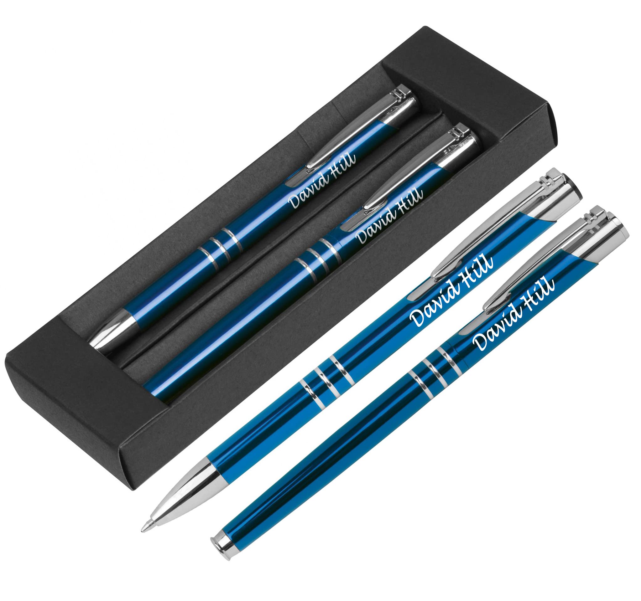 Personalised Engraved Blue Pen & Rollerball Set Gift Boxed, Personalised Gift for Anniversary, Christmas, Gifts for Men and Women - Enter Your Custom Text — image 1