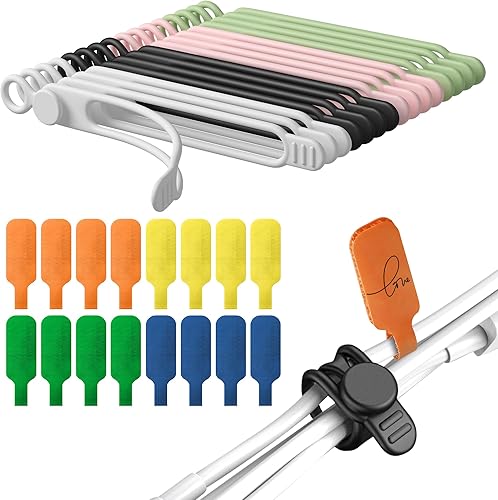 Miniatura 7 de Nearockle - Juego de 32 etiquetas para cables y bridas de silicona para cables, reutilizables, 16 bridas para cables + 16 etiquetas de cable para