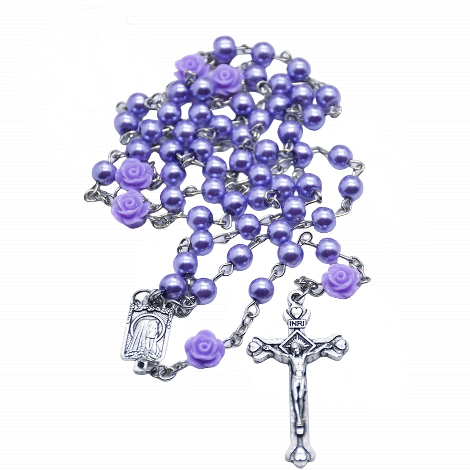 Amethyst Catholic Rosary Necklace 6mm Purple Pearl Beads Rose Flower Cross Religious Necklace (Light Purple)