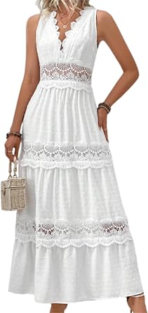 Womens Casual Summer Dress Fashion Sleeveless Vneck Maxi Dress Tiered Flowy Boho Dress Long Vacation Beach Dresses