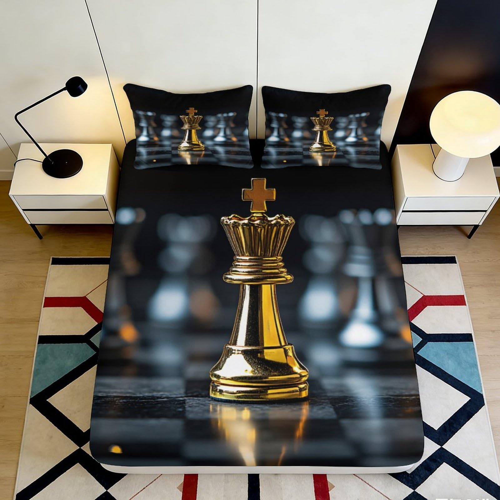 3D Printed Gold Chess Queen Fitted Sheet Microfiber Soft Bedroom Decor Black Chessboard Mattress Cover 90x200x25cm