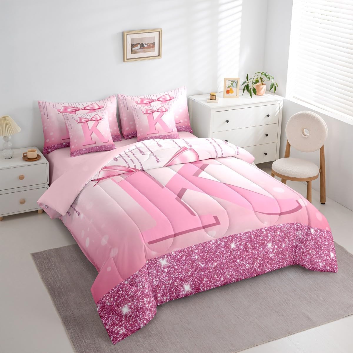 Erosebridal Kids Pink Bowknot 7 Pieces Bedding Set Full Size, Customized Initial K Bed in A Bag Princess Glitter Comforter Set with Sheets Teen Girl Bow Alphabet Bed Set Bedroom Letter Birthday Gifts