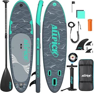 ALLPICK Premium SUP Board Set, Stand Up Paddling Board Aufblasbar, Mit Universal Kamerahalterung, Komplettes Zubehör, Verstellbares Paddel, Anfänger, Fortgeschrittene, 200kg