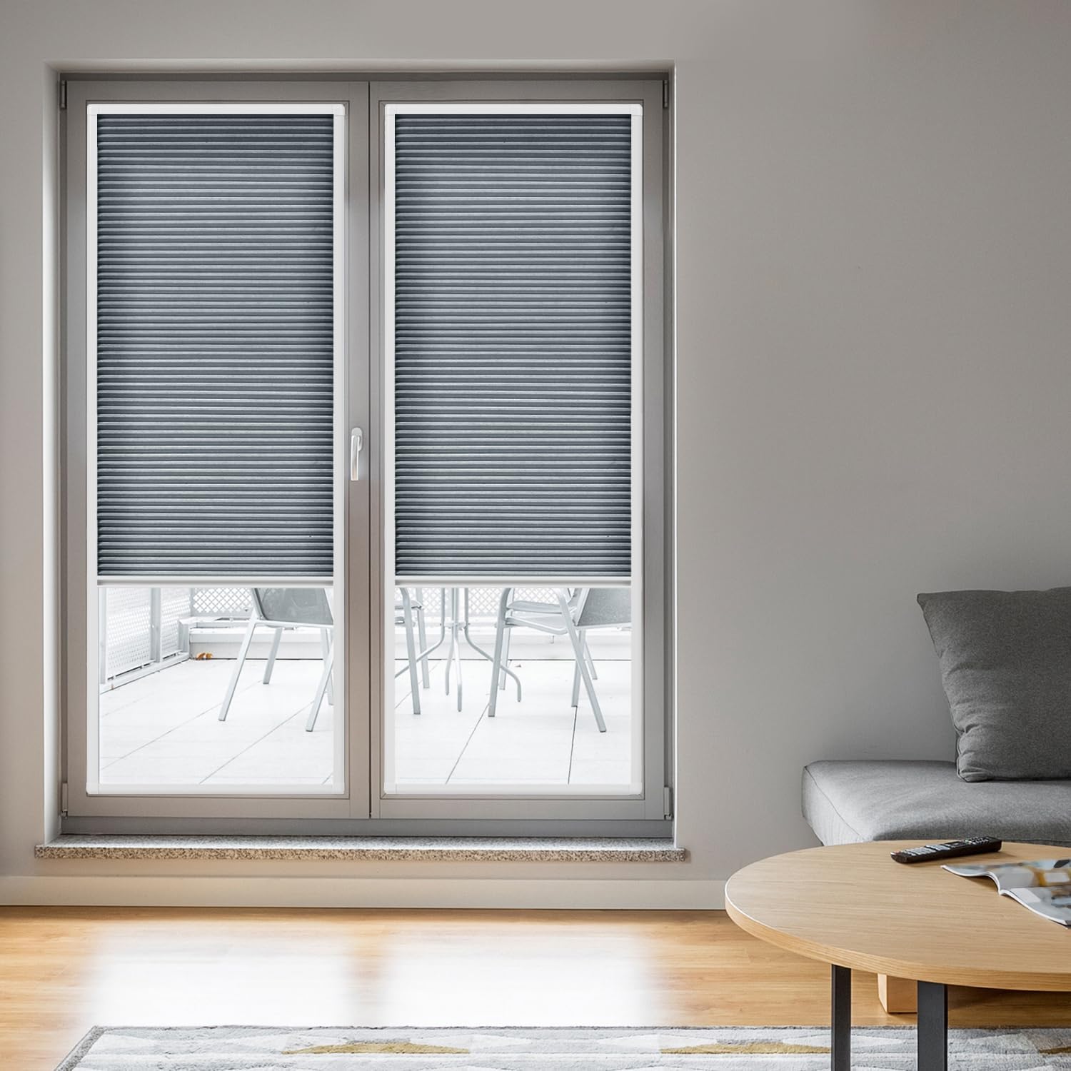 Add On Cellular Blinds Customized Size Light Filtering Thermal Insulation Fabric Recessed Cellular Shades for French Door Raised Frame Doors Inward-Opening Windows-White