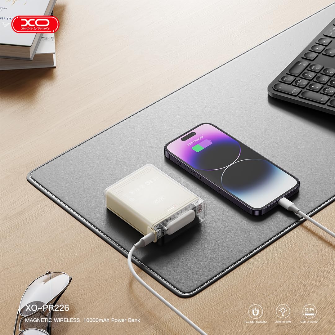 XO PR226 power bank con torcia, 10000 mAh power bank compatibile con MagSafe, 20 W PD + 22,5 W ricarica rapida USB, ricarica wireless da 15 W, trasparente (nero)