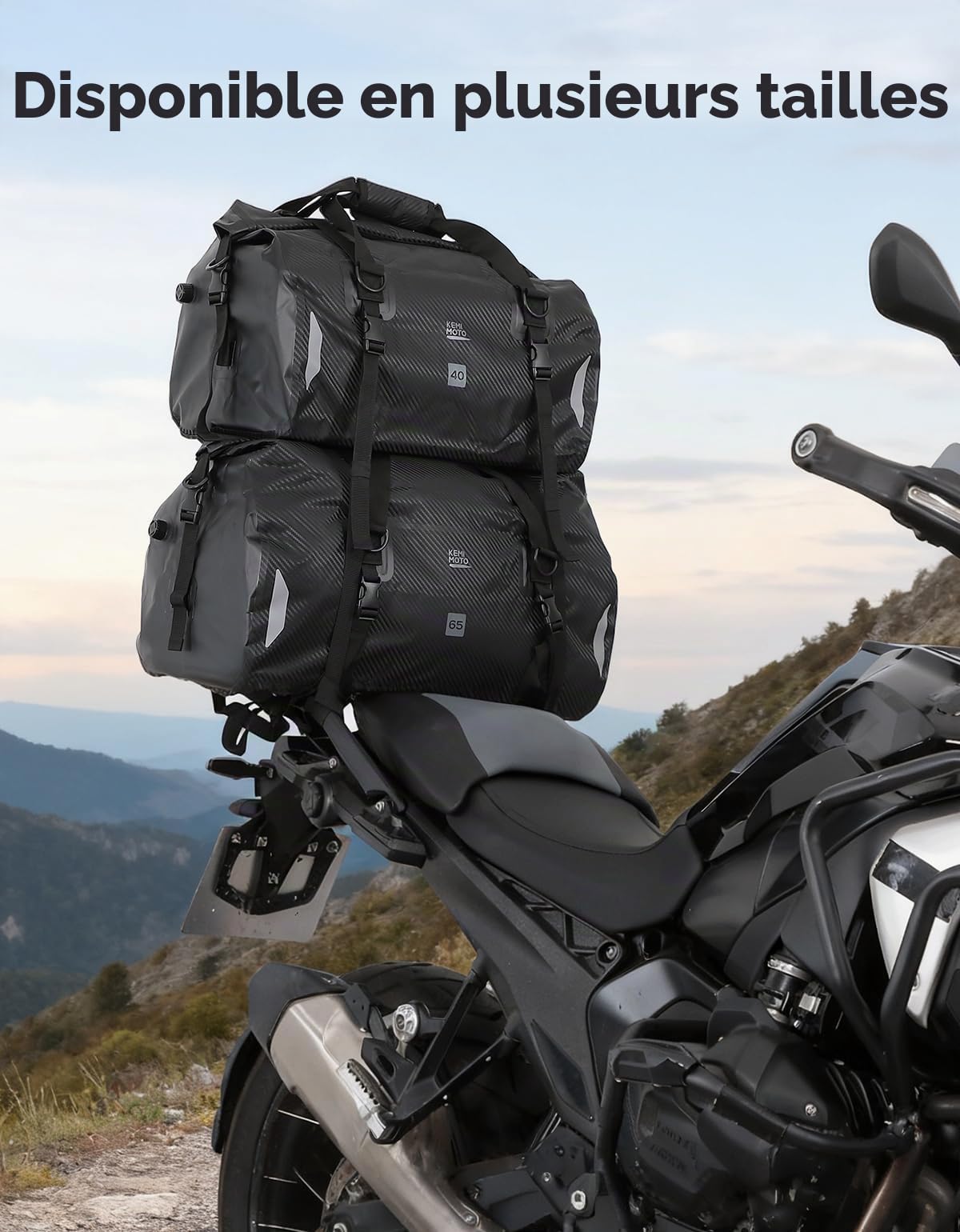 KEMIMOTO Sac Moto Étanche IPX6, 65L Sacoche Arrière Moto Grande Capacité avec Bandoulière Amovible, Sac de Voyage Réfléchissant avec 4 Sangles Rapides, Idéal pour Tourisme Camping Bateau, Noir