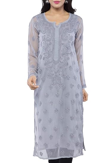 Women Faux Georgette Lucknowi Hand Embroidered Chikankari Georgette Straight Kurta Kurti With Slip A130756
