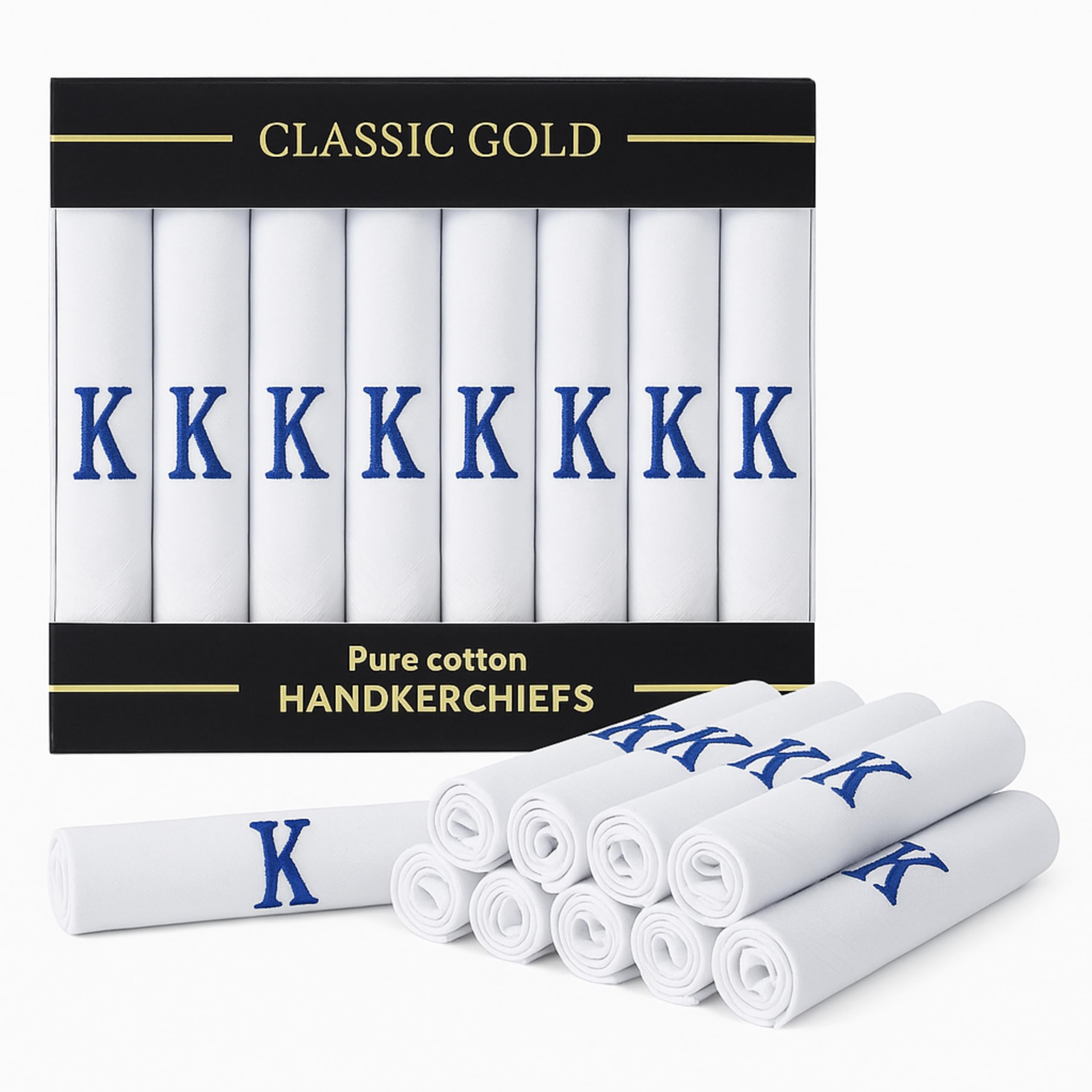 DUDU N GIRLIE Mens/Gentlemens White Satin Bordered Handkerchiefs with & Blue Embroidered Initials, K, One Size