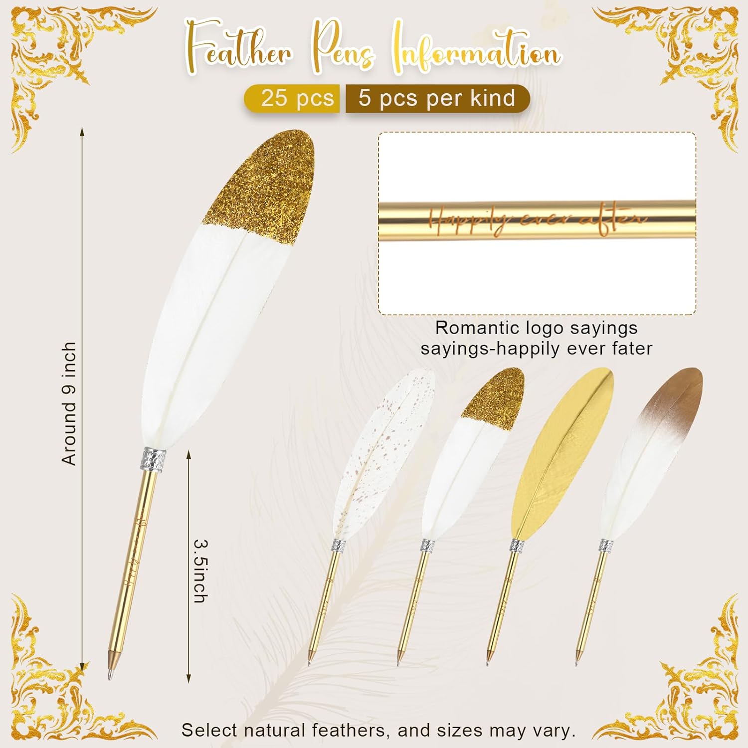 Spakon 25 Sets Feather Pen Wedding Favors Bulk bridal Shower Quill Ballpoint Pens Gold Vintage Bridal Shower Favors with Thank You Tags Wedding Gifts Souvenirs for Guest Signature(Classic)