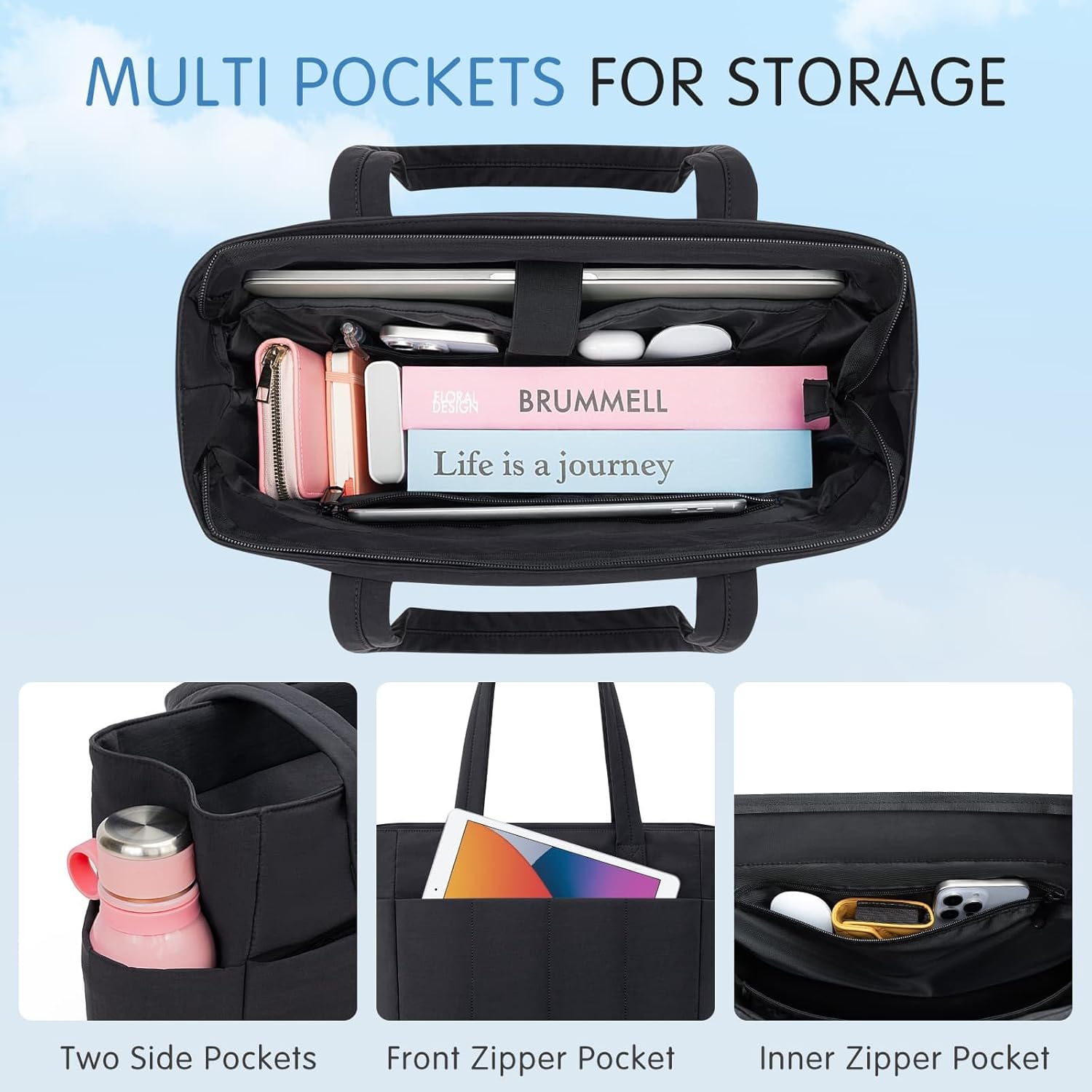 Tote Bag for Women, 15.6 Inch Waterproof Lightweight Puffy Computer Travel Work Tote Bag with Strap Teacher Nurse Laptop Briefcase Shoulder Bag, Black - Image 7