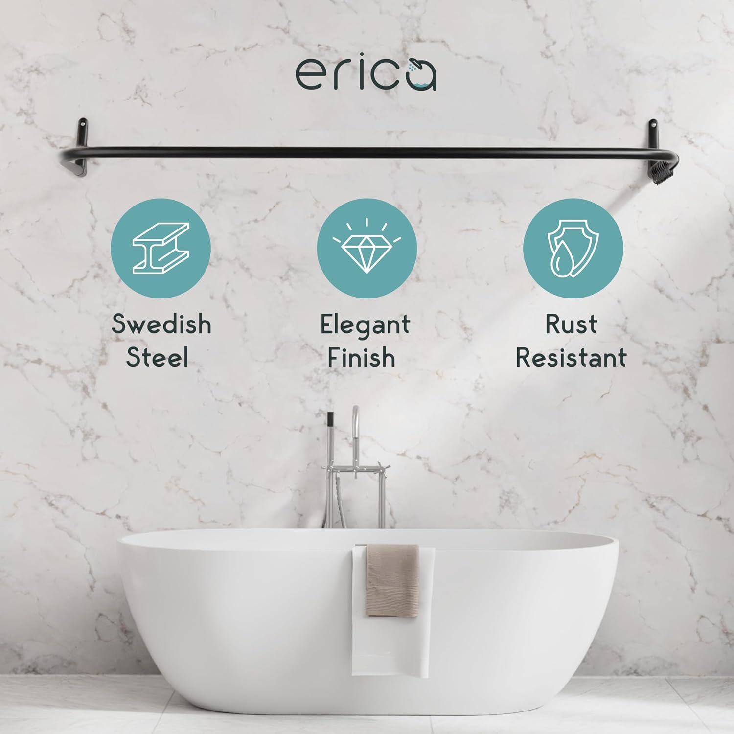 Erica 4 in 1 L & U-Shaped Shower Curtain Rod for Bathtubs, 27.5x65x27.5 Inches, Wall-Mounted Shower Curtain Pole, No Ceiling Support Needed, Curved Shower Rail, Black Powder-Coated Steel