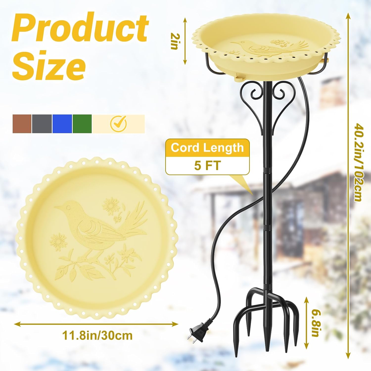 Heated Bird Baths for Outdoors for Winter,Upgraded 100W Thermostat Control Heated BirdBaths Bowl with Metal 5 Prong Base Heated Bird Bath for Outside Winter Garden Yard Patio Lawn (Beige)