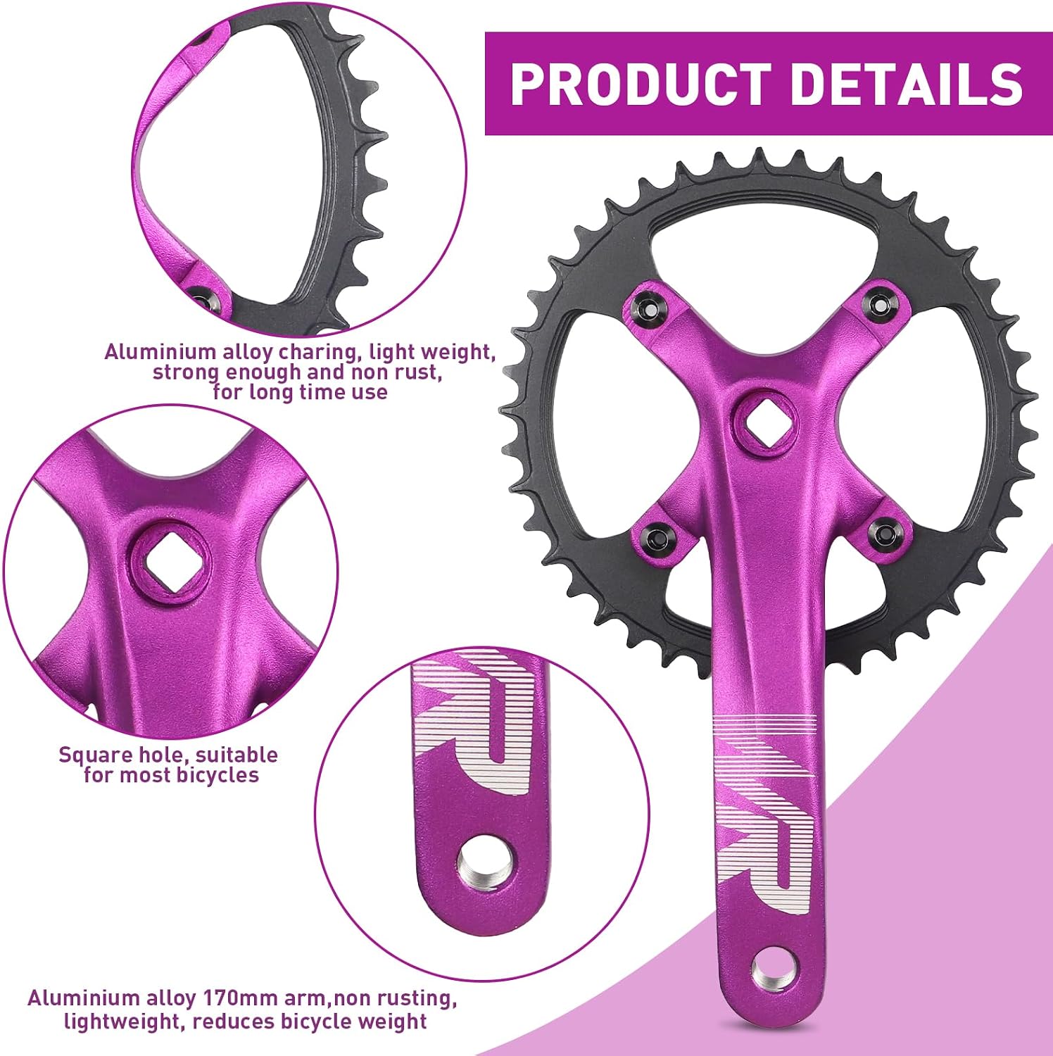 WEEROCK Mountain Bike Crankset Aluminium Alloy 1 Piece/Single 42T Charing Crank Set with 170mm Arm 104 BCD, Compatible with Single Speed Bicycle and 6/7/8/9/10/11 Speeds MTB Bike