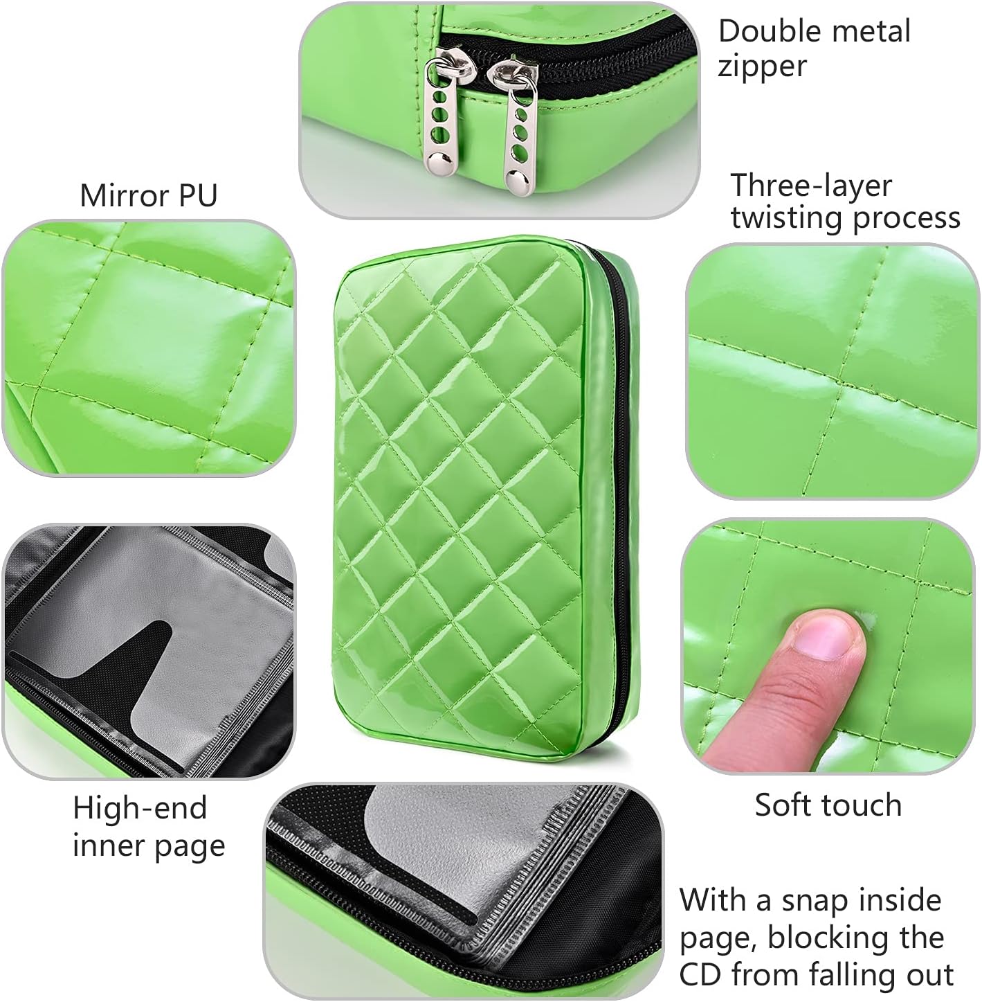 CD Case, alavisxf xx 96 Capacity Patent Leather DVD Case Double Zipper Soft Disc Storage Bag Waterproof Protective CD Holder for Home Car Travel (Green)