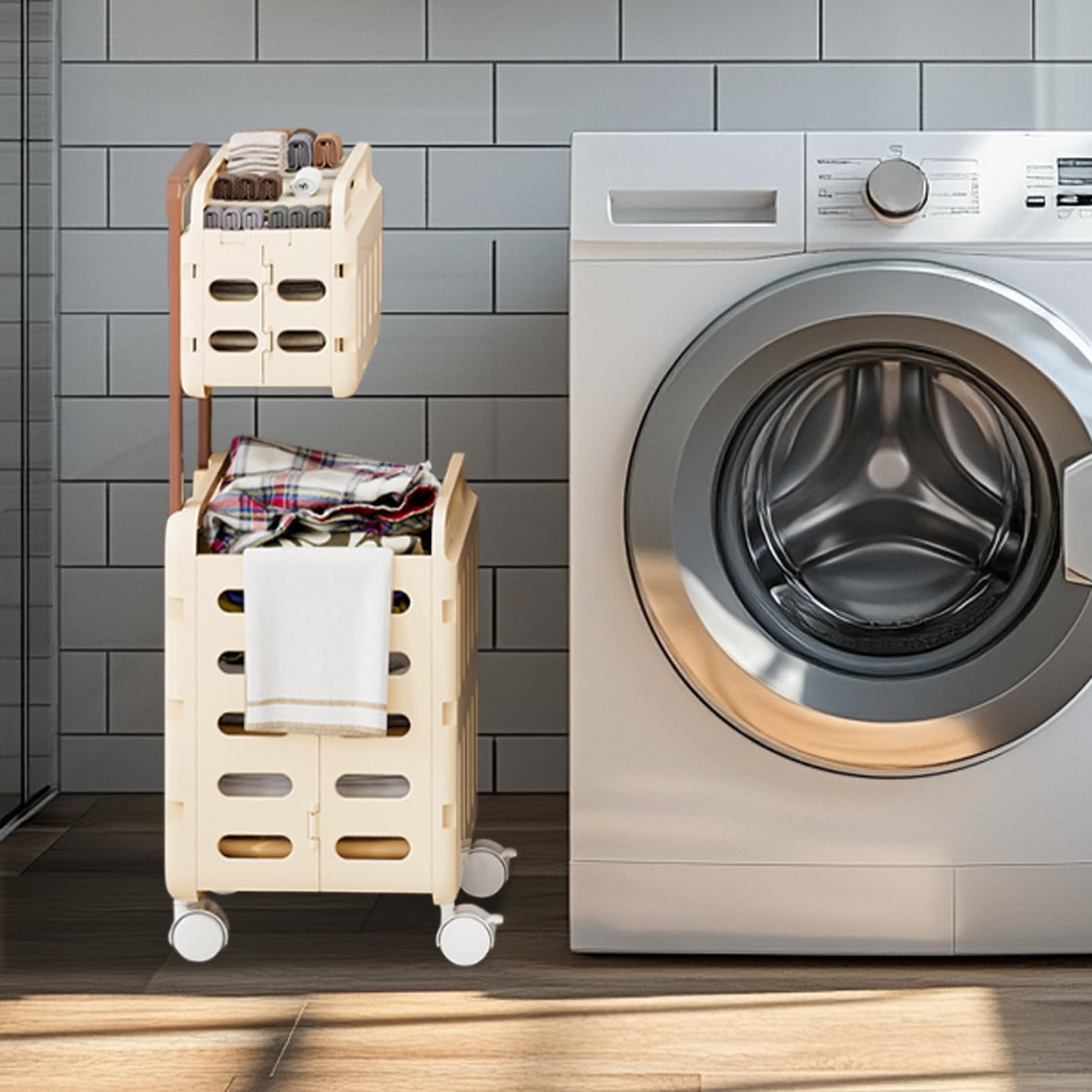 Rolling Laundry Hamper, kosz do przechowywania kółek, duży rozmiar składana podwójna warstwa, trwały organizer z materiału poliestrowego, szafka łazienkowa pojemnik podróżny, przenośny koszyk