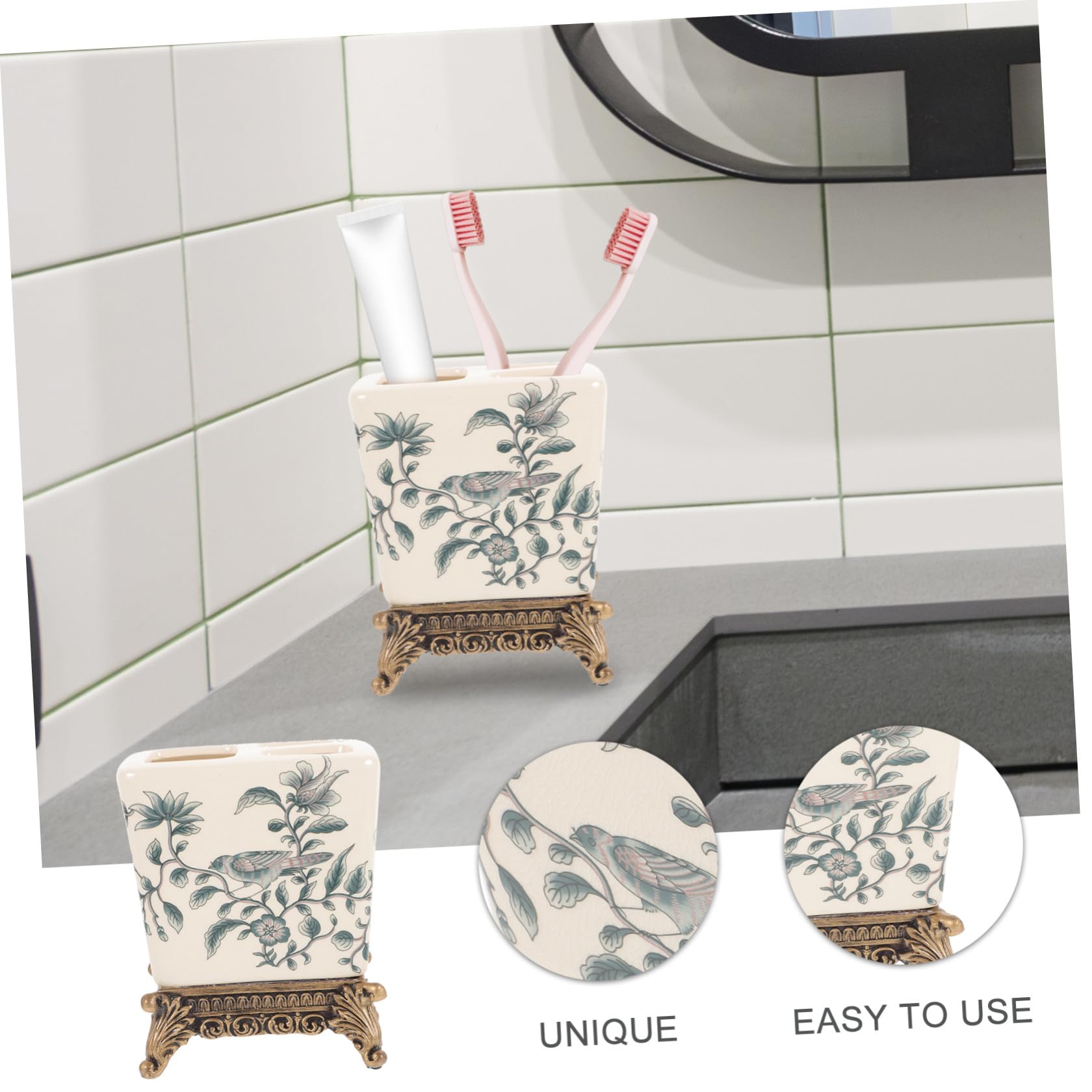 OUNONA Portaspazzolino ceramica stile europeo compatto multifunzionale per bagno e cucina, per coppia e famiglie