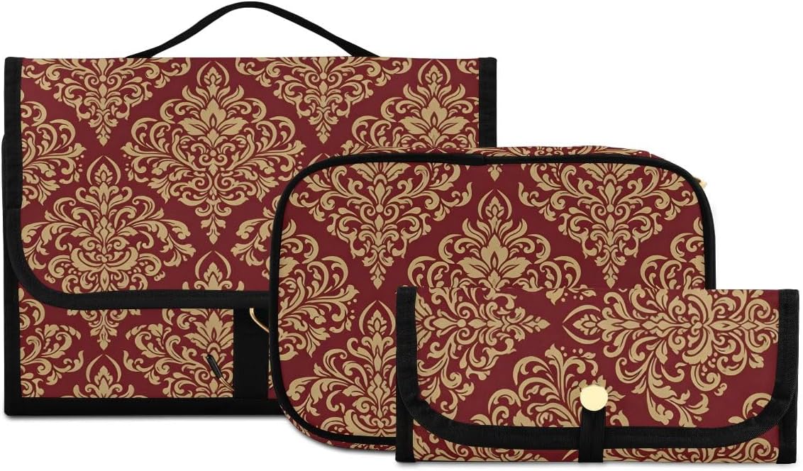 ALAZA Red Gold Damask Hanging Travel Toiletry Bag Makeup Bag set Cosmetic Brush Pouch