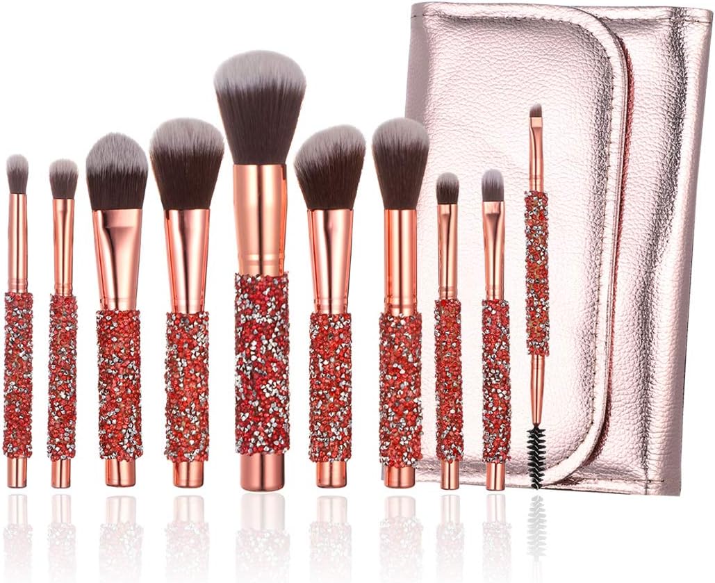 YINUO 10 Pcs Fashion Bling Rhinestones Crystal Makeup Brush Set with Pink PU Brush Bag,Wooden Handle Foundation Powder Blush Eyeline Flat Cosmetic Brush Set for Women Girls Birthday Gift