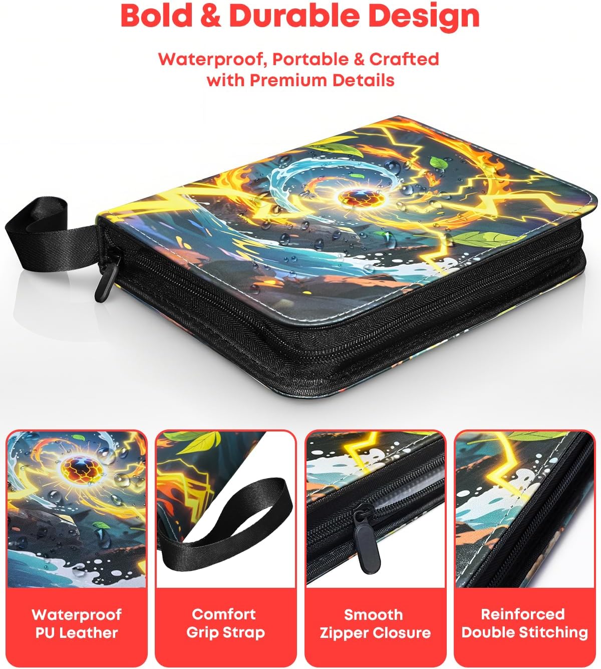 Trading Card Binder 4 Pocket, Card Binder 400 Pockets Holder Album with 50 Removable Cards Sleeves, PU Leather Card Collection Binder for TCG, MTG, Sports Cards, TCG Binder Gifts for Boys and Girls