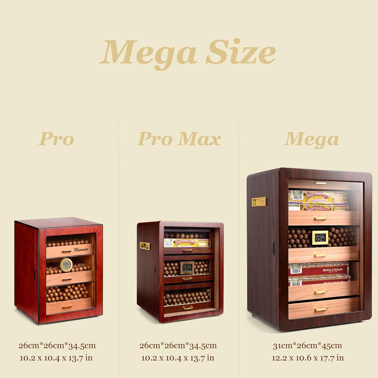 Cigar Humidors, Cedar Wood Humidor with Digital Hygrometer, Drawers, Humidifiers and Gold-Plated Hardwares. Cigar humidor Cabinet for Men Husband Father, 300 Cigars Capacity Walnut Color