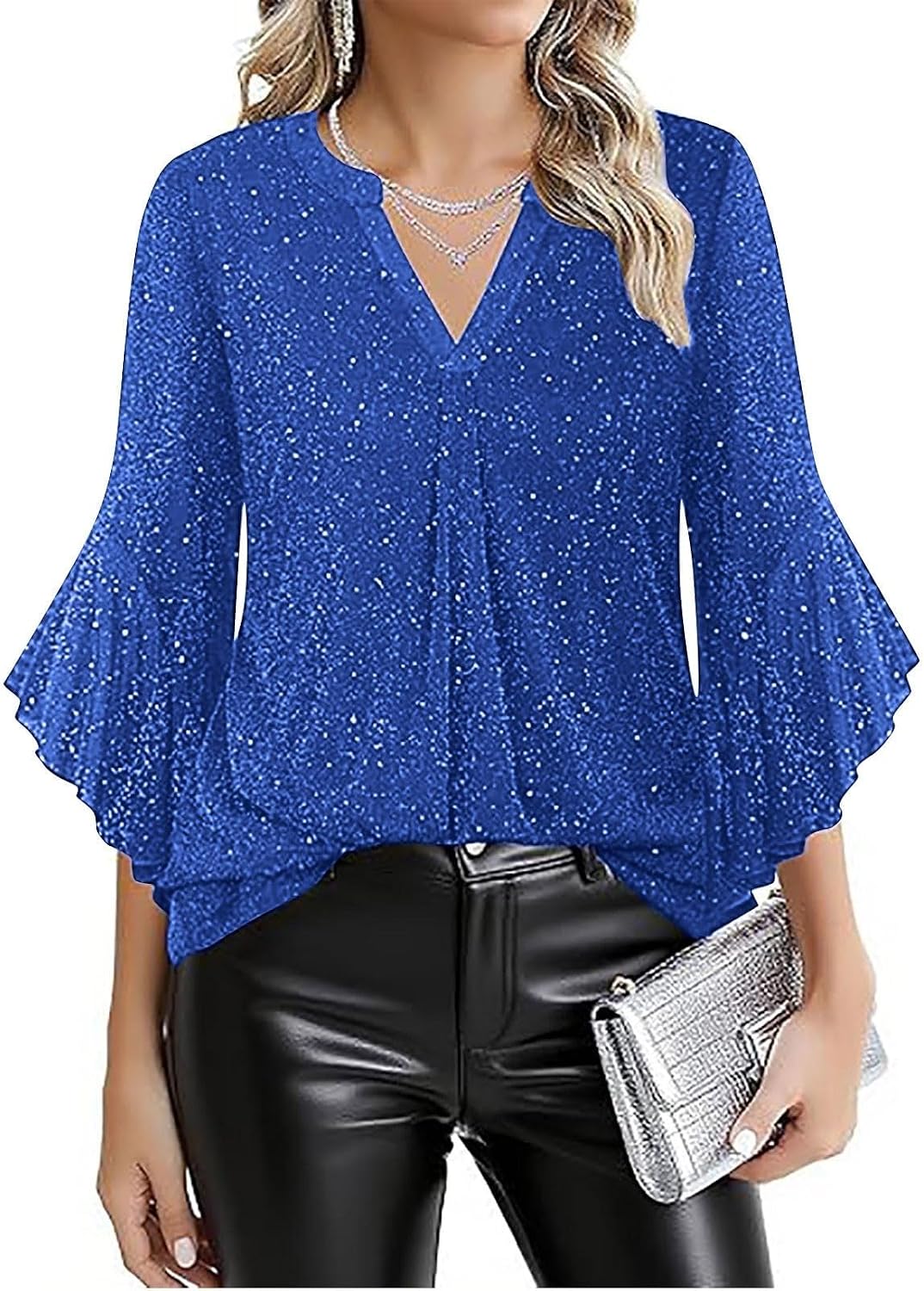 Women's Ruffle 3/4 Sleeve Sparkly Tops Sequin V Neck Blouses Dressy Fall Shirt Chiffon Tunic Formal Business Shirts