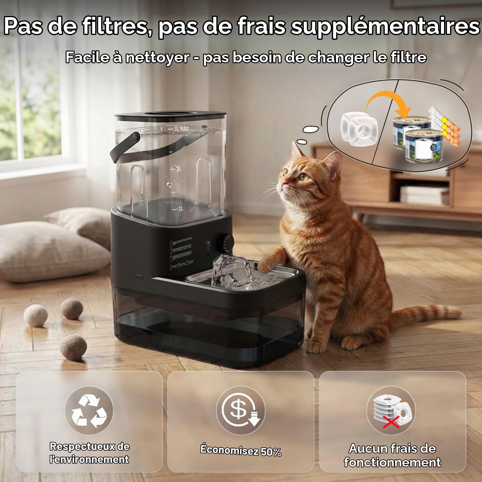 Fontaine a Eau pour Animaux sans Fil et sans Filtre | Séparation de l'Eau Propre et de l'Eau Usée, Bol en Acier Inoxydable, Batterie 4000mAh, Grande Capacité 3L, Noir