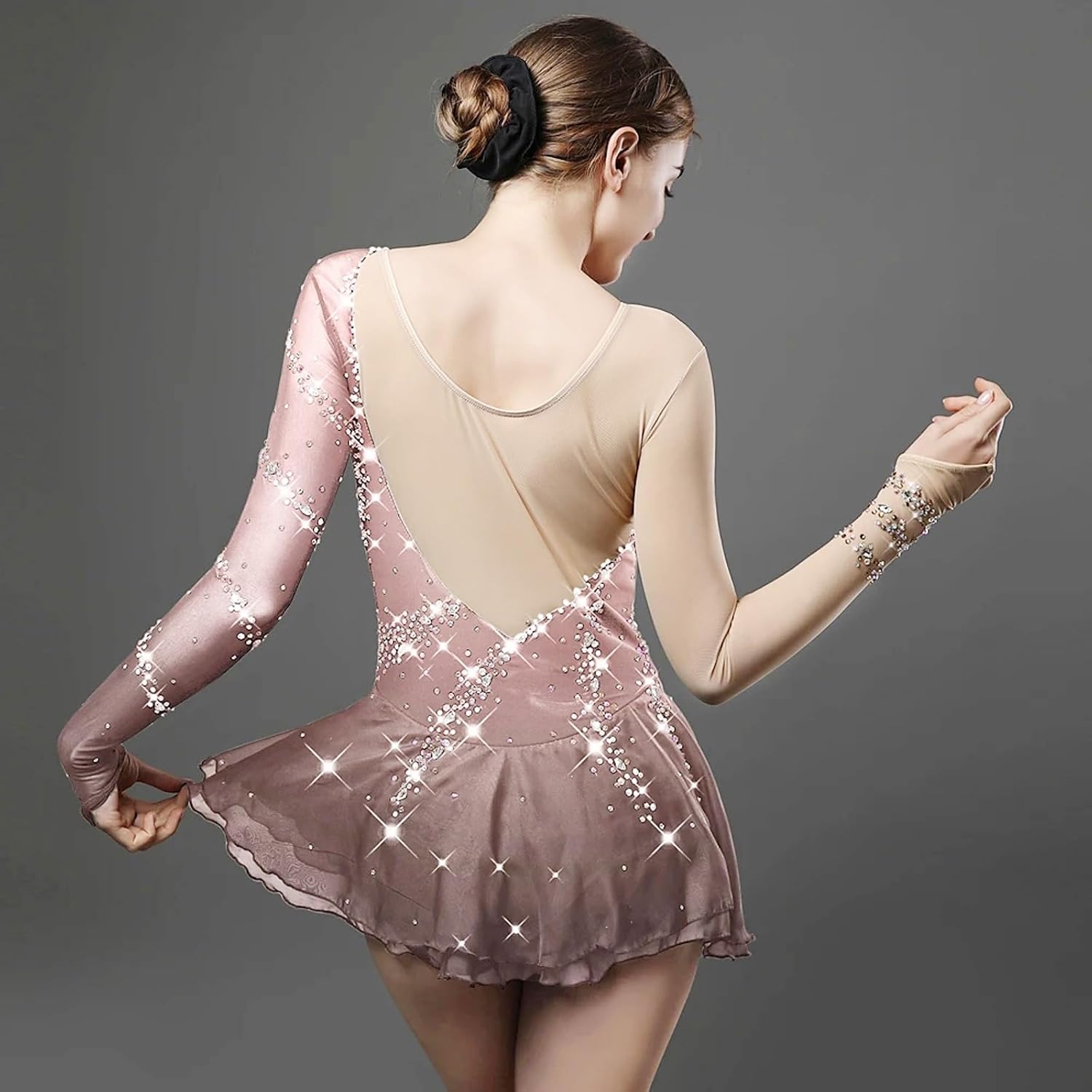 Figure Skating Dress Girl Jeweled Long Sleeve Breathable Rhinestone Professional Competitiona Wear