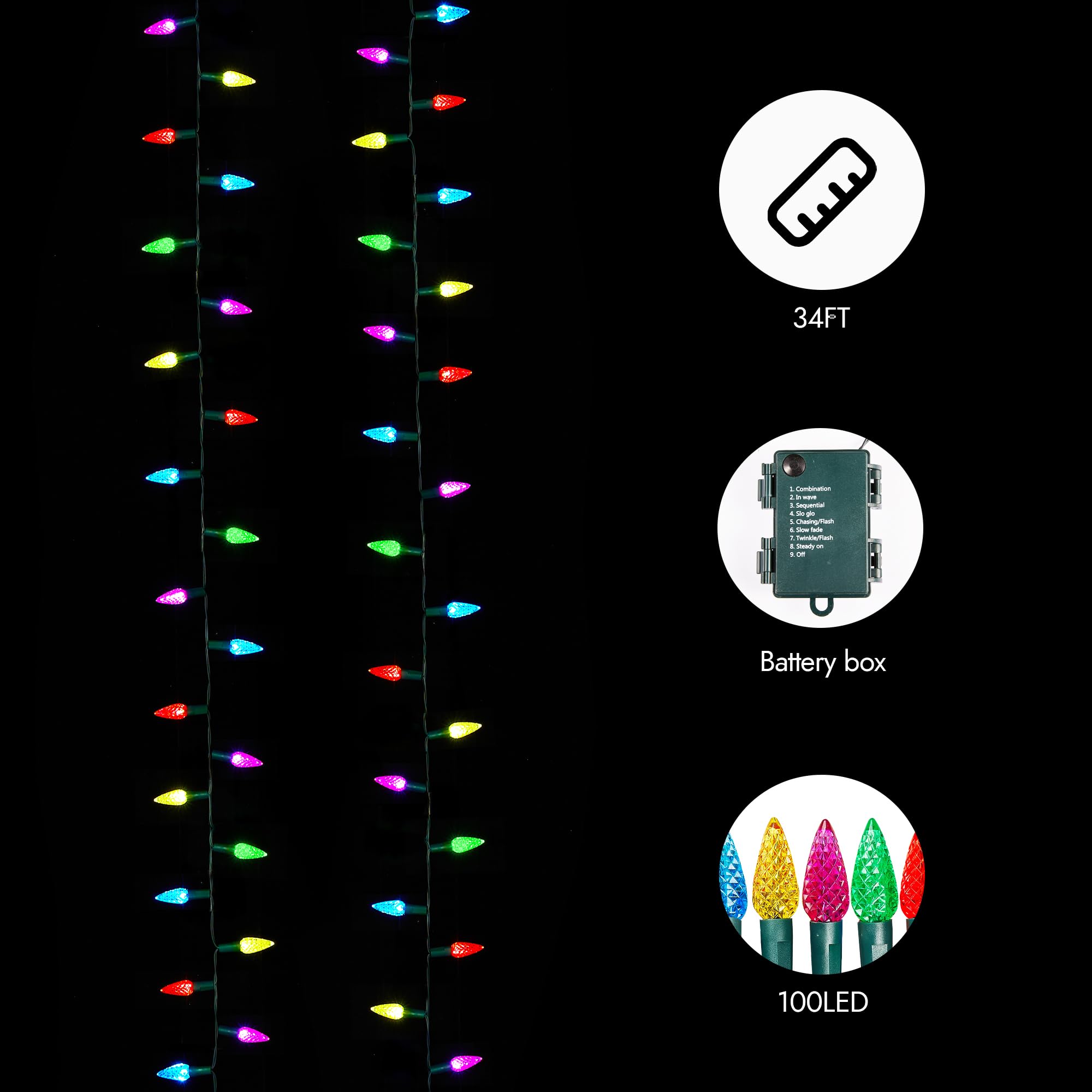 WBao Luces de Navidad C6, 100 luces LED de 33 pies, funciona con pilas, con 8 modos, temporizador, diseño impermeable para árboles de Navidad en interiores y exteriores, valla, escaleras, decoraciones