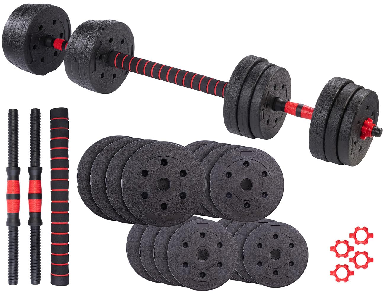 PEARL Sports Hantel: 2in1-Kurz- und Langhantel-Set, 29 kg, verstellbar, Sternverschlüsse (Kurzhantel, lang Hantel, Trainer)