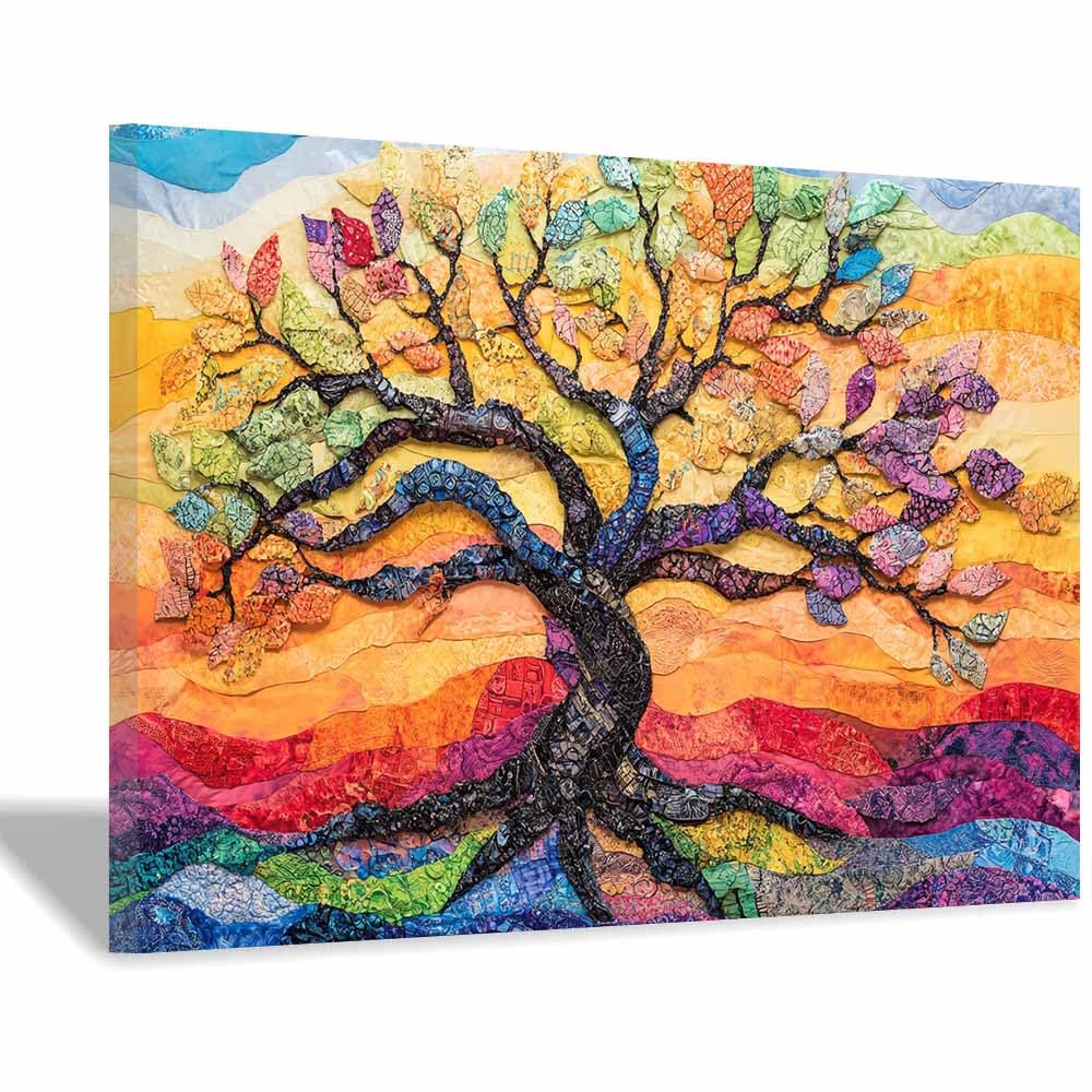 ZAMAEIU Tree of Life Painting Abstract Stitched trees layer Panoramic Canvas Prints Pictures for Living Room Bedroom Home Office Wall Decoration(multicolored)-70x100cm Framed