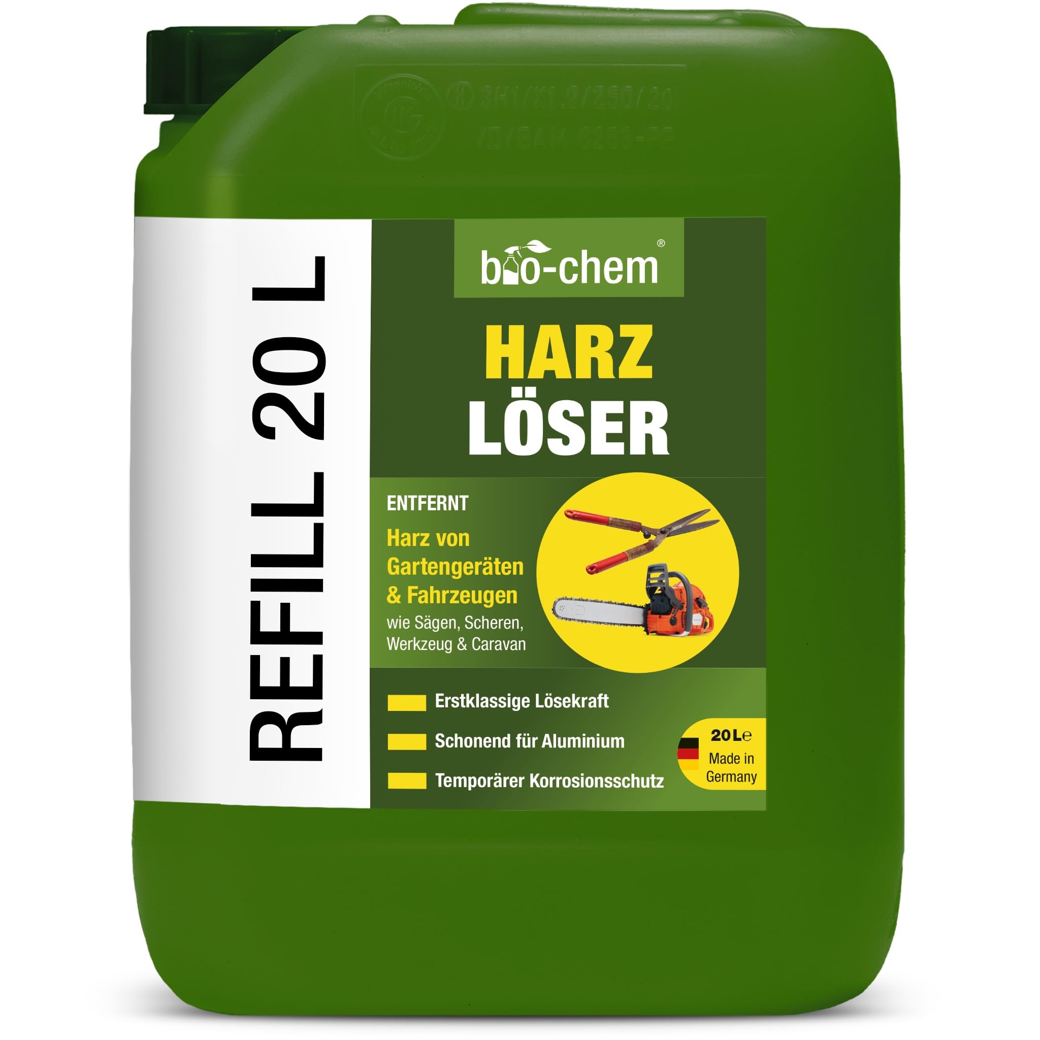 bio-chem Harzlöser Harzentferner 20L Kanister | Für Gartengeräte und Werkzeuge aller Art | schnellwirkender Harzentferner