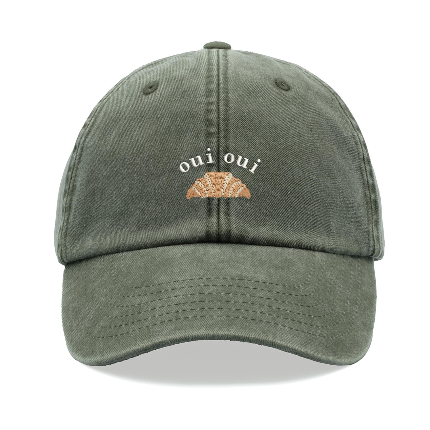Oui Oui Croissant Baseball Cap Vintage Washed Unisex Dad Hat Adjustable Olive