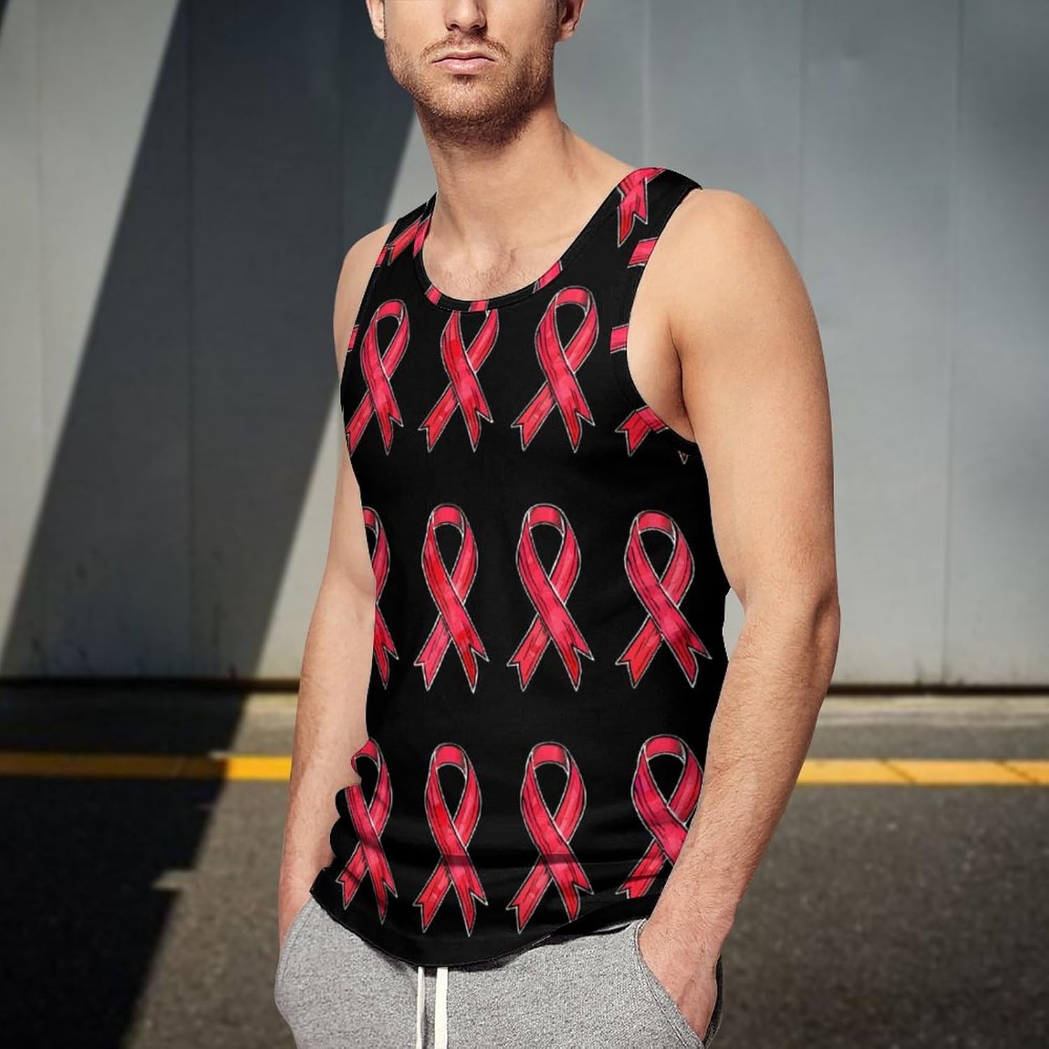 Breast Cancer Ribbons Awareness Bows Men's Tank Top Sleeveless Muscle Shirts Vest Beach T Shirts for Workout Gym