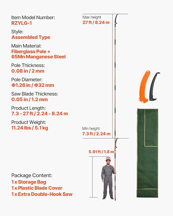 VEVOR Manual Pole Saw, 7.3-27 ft Extendable Tree Pruner, Sharp Steel Blade High Branches Trimming, Manual Branch Trimmer with Lightweight 8 Fiberglass Handles, for Pruning Palms and Shrubs