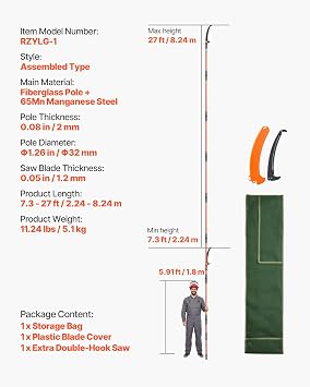 VEVOR Manual Pole Saw, 7.3-27 ft Extendable Tree Pruner, Sharp Steel Blade High Branches Trimming, Manual Branch Trimmer with Lightweight 8 Fiberglass Handles, for Pruning Palms and Shrubs