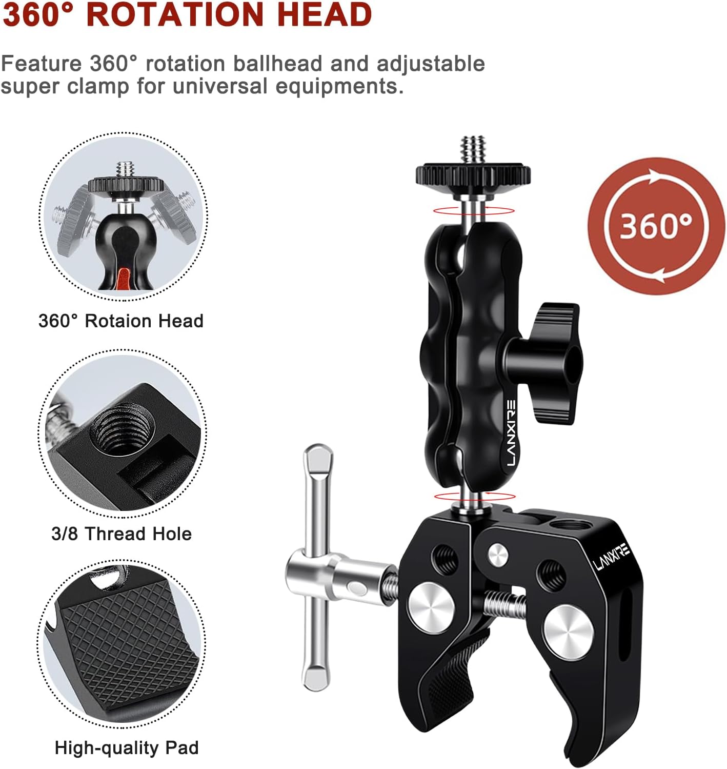 Camera Mount Clamp with Double Ball Head Adapter - 2 Pack. Compatible with LED Lights, Gopro, Insta360, DJI Action, Ronin-M, Ronin MX. 360° Ballhead and 1/4’’ + 3/8’’ Thread Hole.