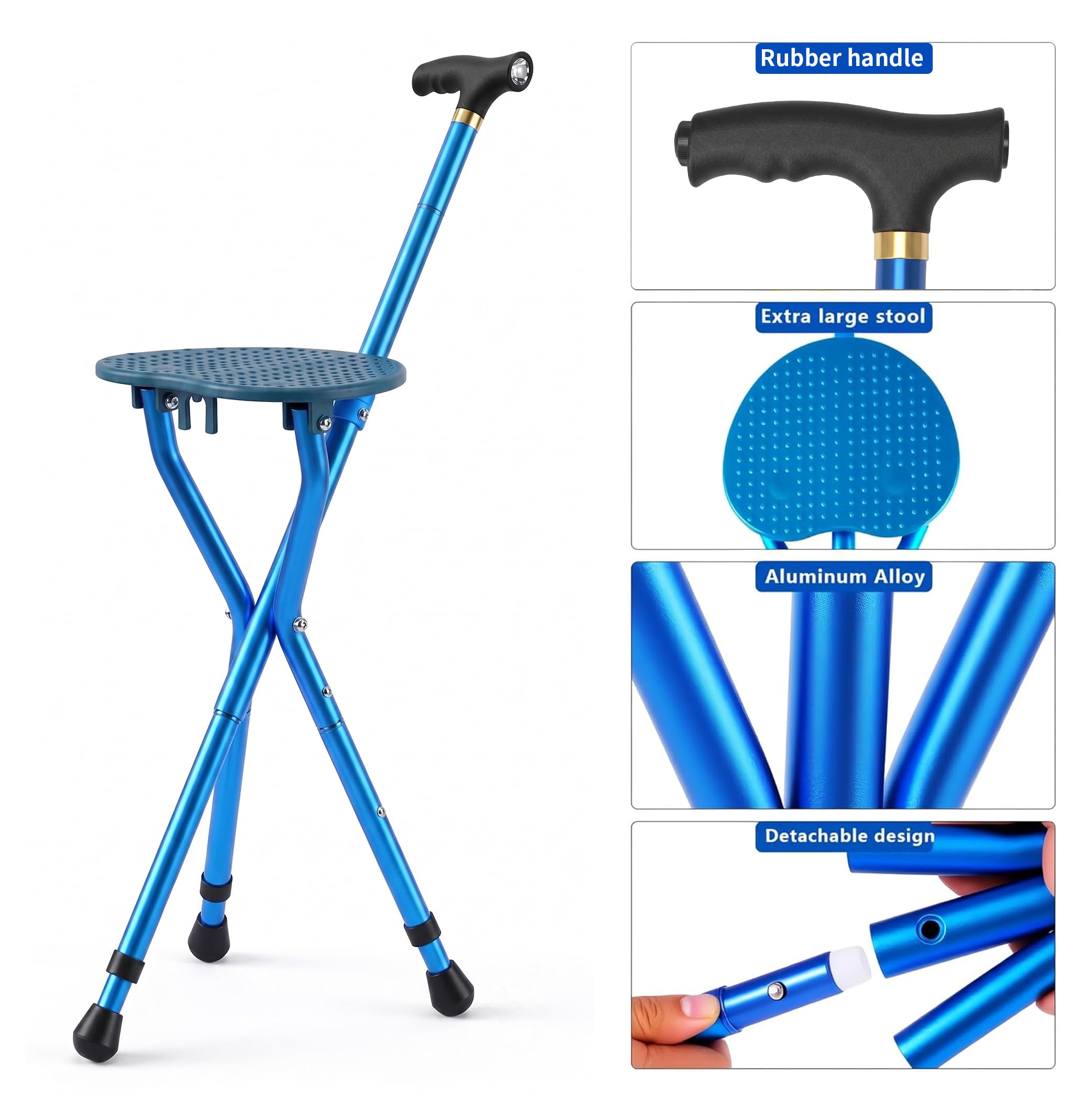 Anti-Slip Walking Cane with Seat Folding Lightweight,Walking Stick Height Adjustment,Portable and Sturdy Cane Chair for Travel Outdoor Use, Queuing, Elderly Women and Men