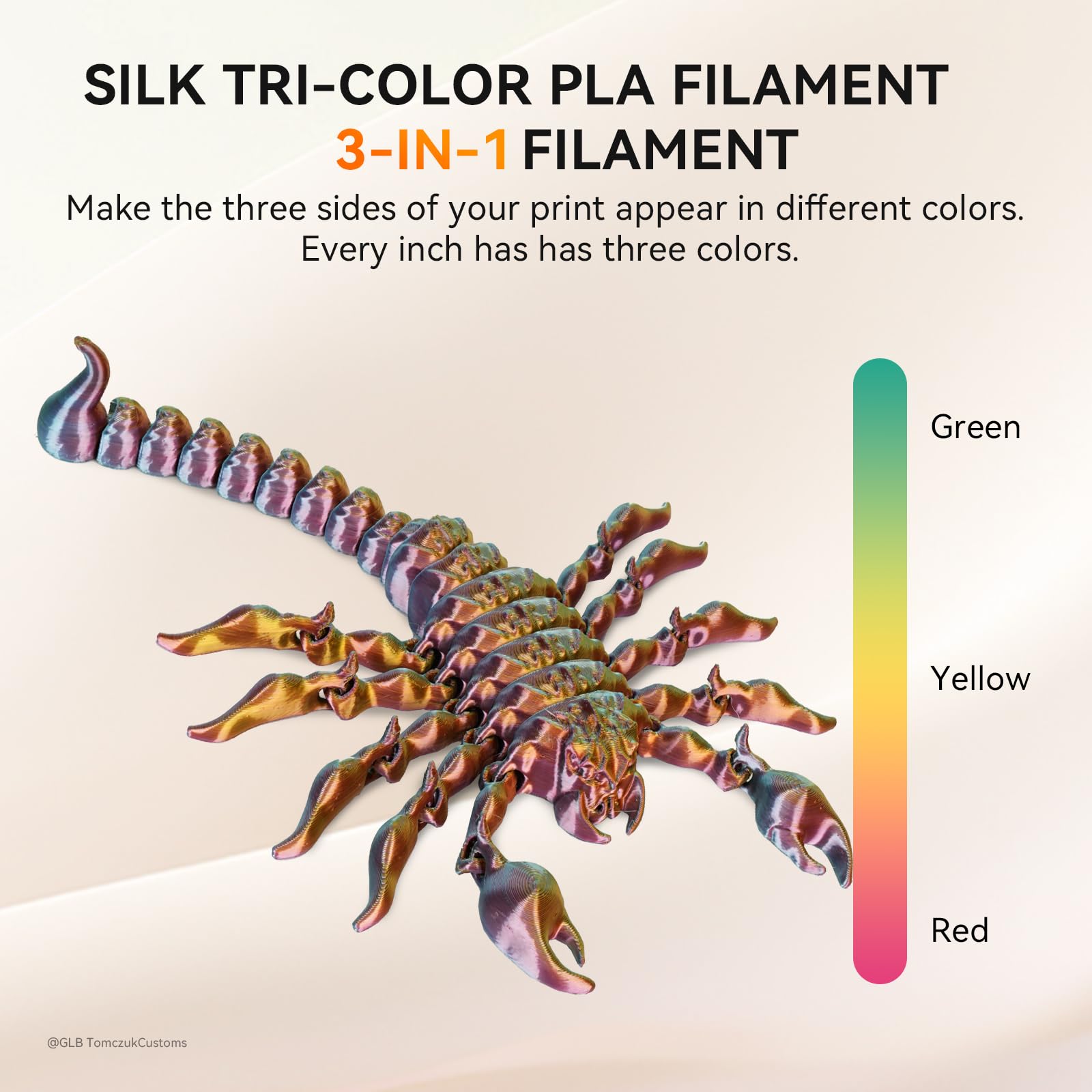 TECBEARS Jedwabny filament PLA 1,75 mm 1 kg, jedwabny trójkolorowy filament PLA drukarka 3D, z jedwabiście gładkim wykończeniem, dokładność wymiarowa +/- 0,02, szpula 1 kg, czerwony żółty zielony