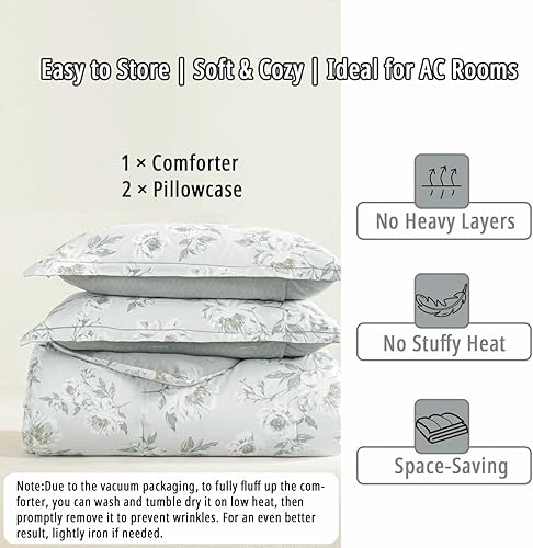 Miniatura 7 de Edredón de algodón floral tamaño King, edredón gris claro impreso con flores vintage marfil y estambres amarillo oscuro, juegos de ropa de cama