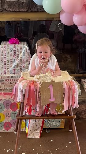 AULEGE First Birthday High Chair Banner - Coral Pink Pull Flag For Baby's 1st Birthday Party