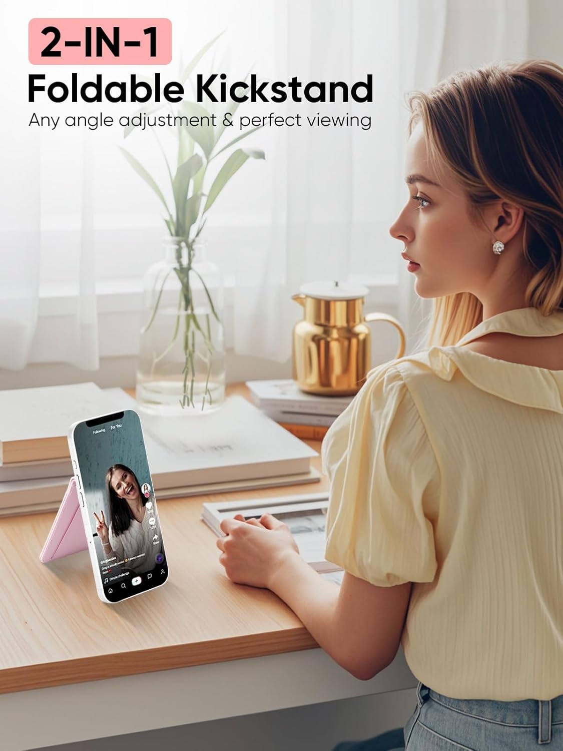 TopMade Phone Card Holder, Leather Phone Wallet Stick on with Stand, Open ID Window, Strongest 3M Adhesive Credit Card Holder for Back of Phone Case, iPhone, Samsung, and Android, Fit 6 Cards, Pink - Image 5