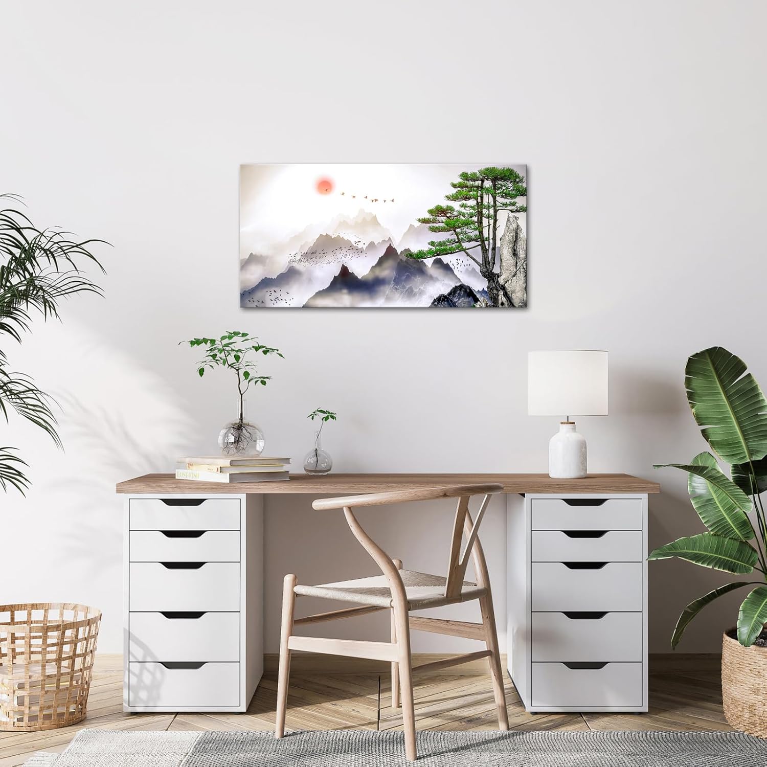 Canvbay Large Traditional Chinese Ink Painting Wall Art Misty Mountain and Green Tree Landscape Canvas Prints Nature Scenery Artwork Framed for Living Room Bedroom Home Decoration 20x40inch